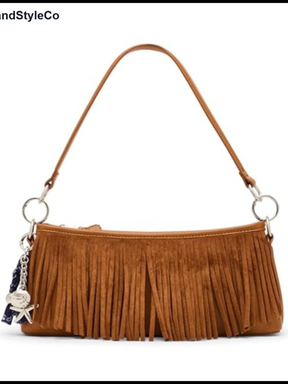 Faux Suede Fringe Shoulder Bag with Removable Charm - Satchel Style